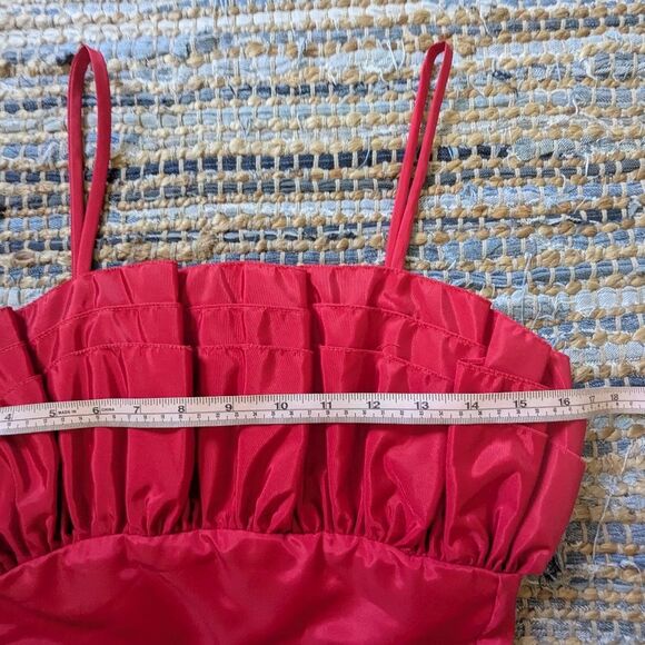 Holiday Party Dress Vtg S Red Satin Gown Full Length Ruched Bust Formal - Picture 7 of 9